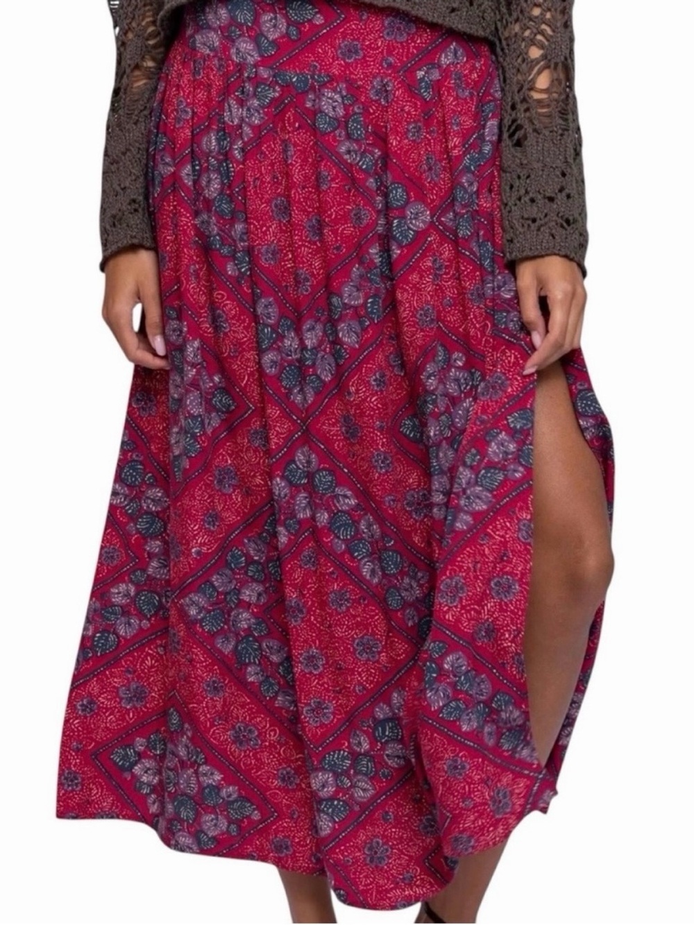 NATURAL LIFE Addie Midi Skirt Red Batik Bandana Boho XS NWT